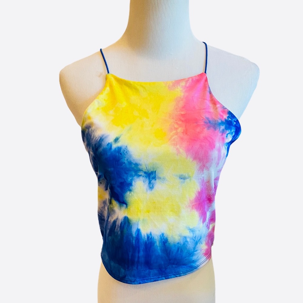 Tie Dye Crop Tank Top Pink Yellow Blue White M Racerback Scotty Festival